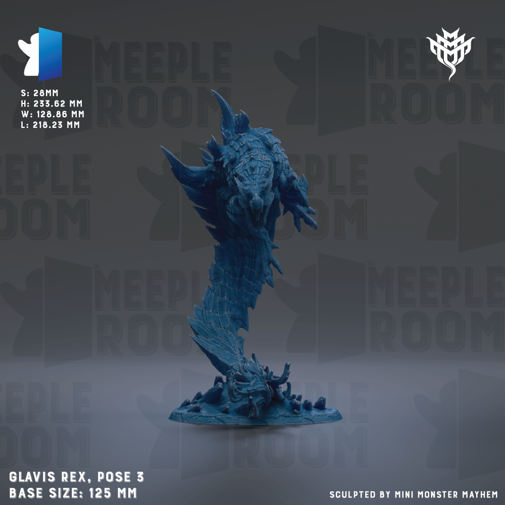a blue, 3D-rendered creature resembling a dragon or serpent, with a textured, scaly appearance. The creature is positioned on a base, and the image is described as a pose of the creature, with a base size of 125 millimeters. The background of the image is a dark gray color, and there is a logo or symbol in the top left corner. The image is a collage of multiple images, and it is not described in detail, avoiding redundancy and focusing on the main visual elements.