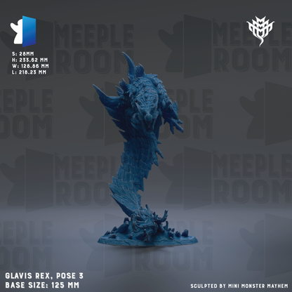 a blue, 3D-rendered creature resembling a dragon or serpent, with a textured, scaly appearance. The creature is positioned on a base, and the image is described as a pose of the creature, with a base size of 125 millimeters. The background of the image is a dark gray color, and there is a logo or symbol in the top left corner. The image is a collage of multiple images, and it is not described in detail, avoiding redundancy and focusing on the main visual elements.