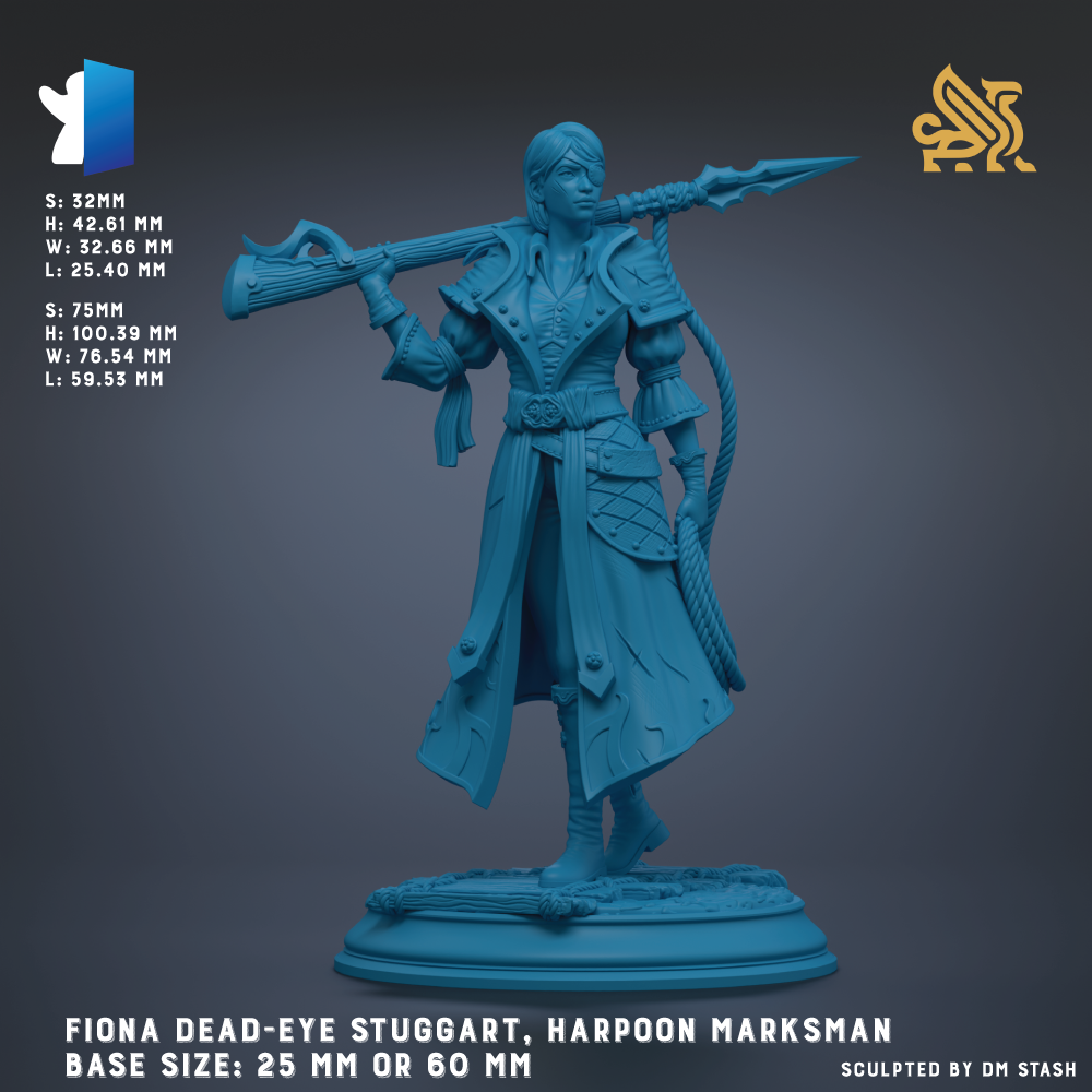 a female character with a sword, likely representing the character Fiona Dead-Eye Stuggart from the Harpoon Marksman series. The character is shown in a dynamic pose, standing on a base that is either 25 mm or 60 mm in size. The image is a 3D rendering of the character, and it is described as a sculpture by DM Stash.