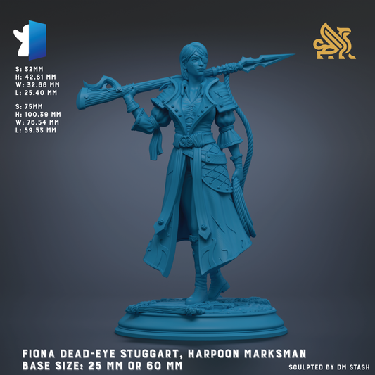 a female character with a sword, likely representing the character Fiona Dead-Eye Stuggart from the Harpoon Marksman series. The character is shown in a dynamic pose, standing on a base that is either 25 mm or 60 mm in size. The image is a 3D rendering of the character, and it is described as a sculpture by DM Stash.