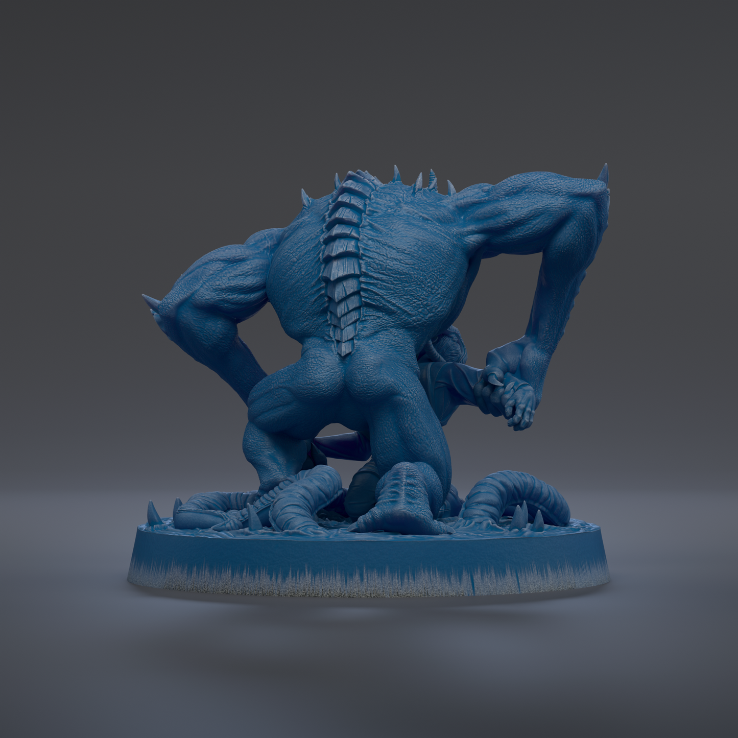 A 3D rendering of a blue, muscular creature with sharp teeth and claws, standing on a blue base.