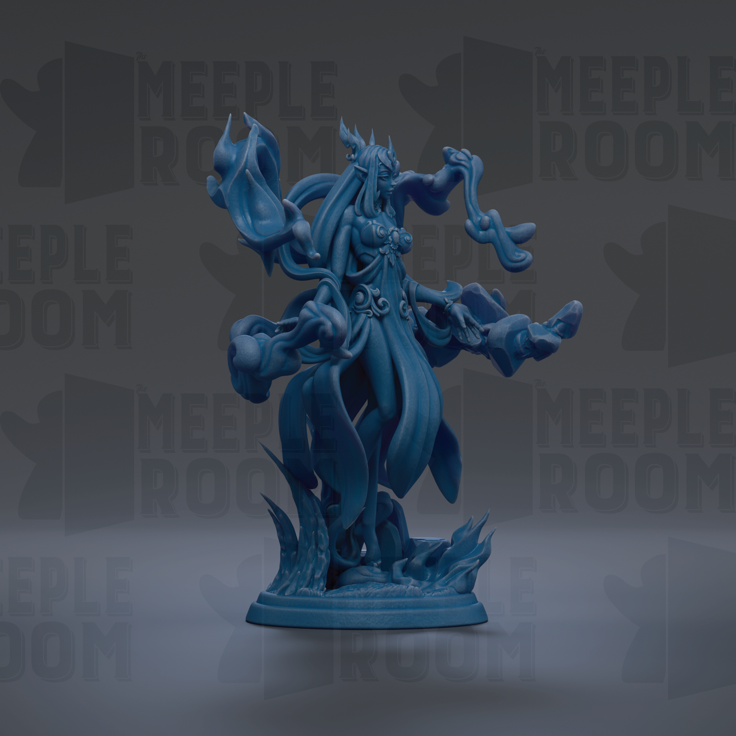 A blue, fantastical creature with multiple arms and a long, flowing tail stands on a base, surrounded by a dark background with repeated text.
