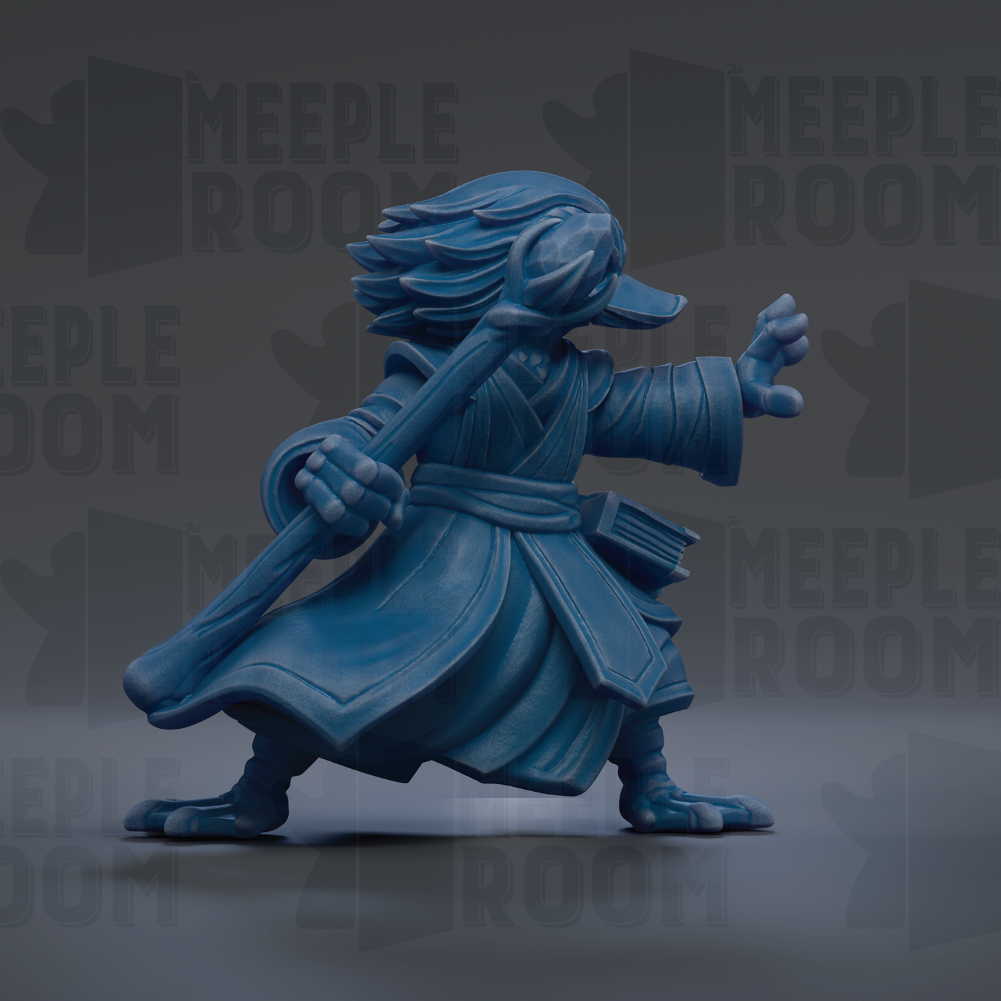 A blue figurine of a character with a long stick and a book in its hand, standing against a dark background with repeated text.