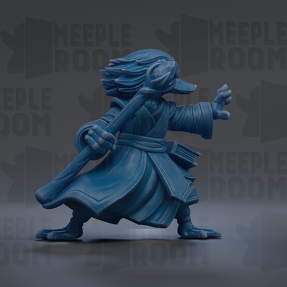A blue figurine of a character with a long stick and a book in its hand, standing against a dark background with repeated text.