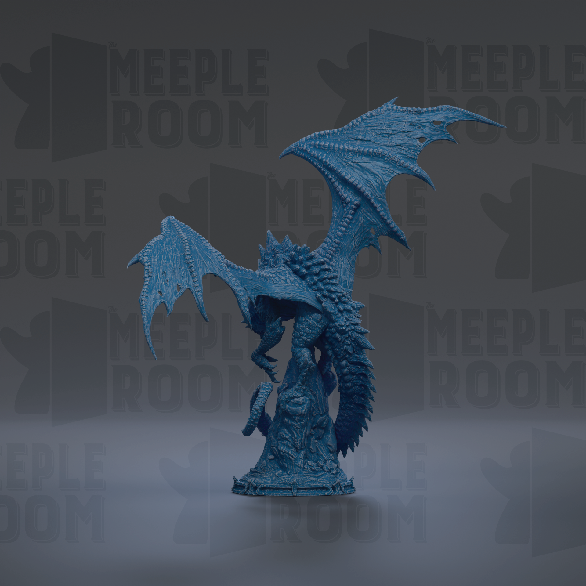 A blue dragon figurine is displayed against a dark background with repeated text.