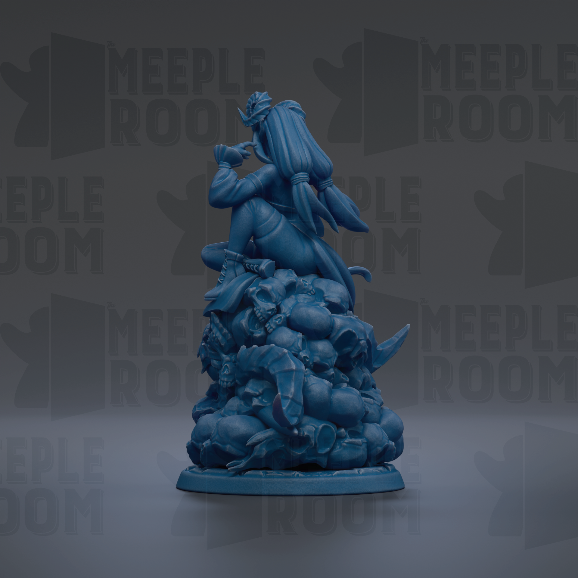 A blue figurine of a person sitting on a pile of rocks, with the text "MEUPLE ROOM" repeated in the background.