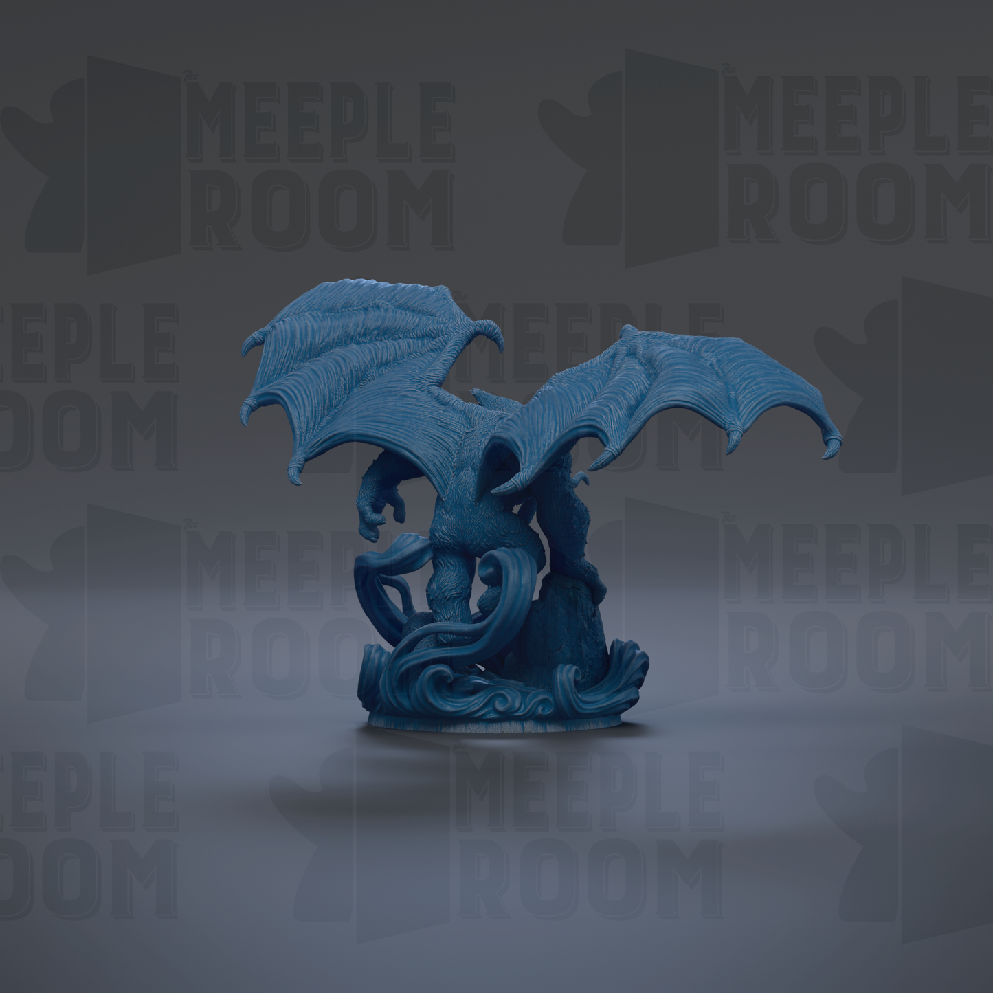 A blue dragon figurine with outstretched wings is the central focus of the image.