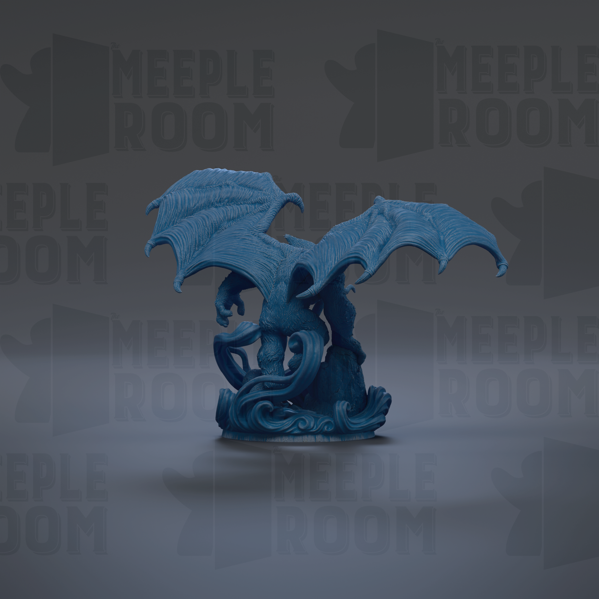 A blue dragon figurine with outstretched wings is the central focus of the image.