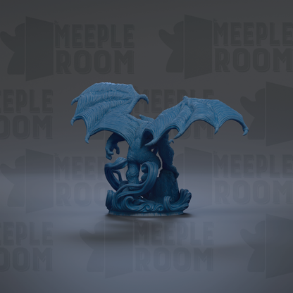 A blue dragon figurine with outstretched wings is the central focus of the image.