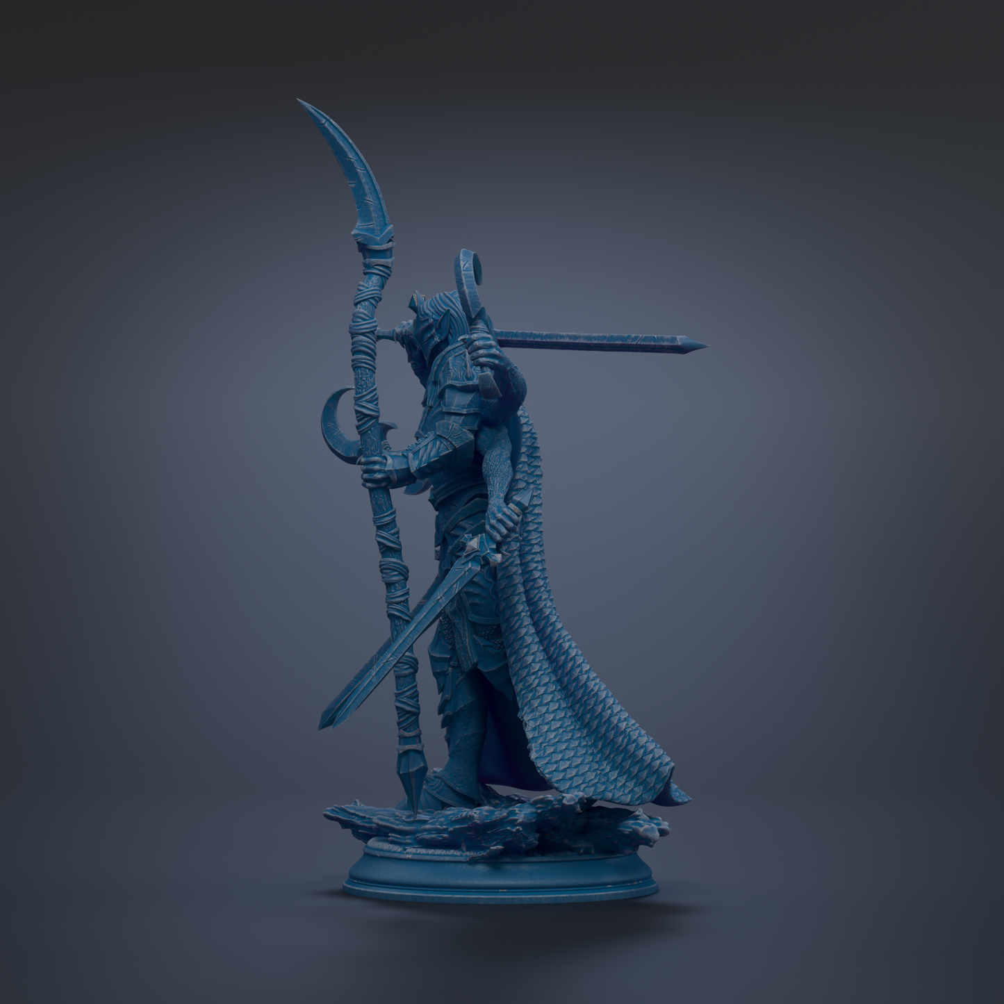 A blue statue of a warrior figure holding a spear and sword, standing on a base.