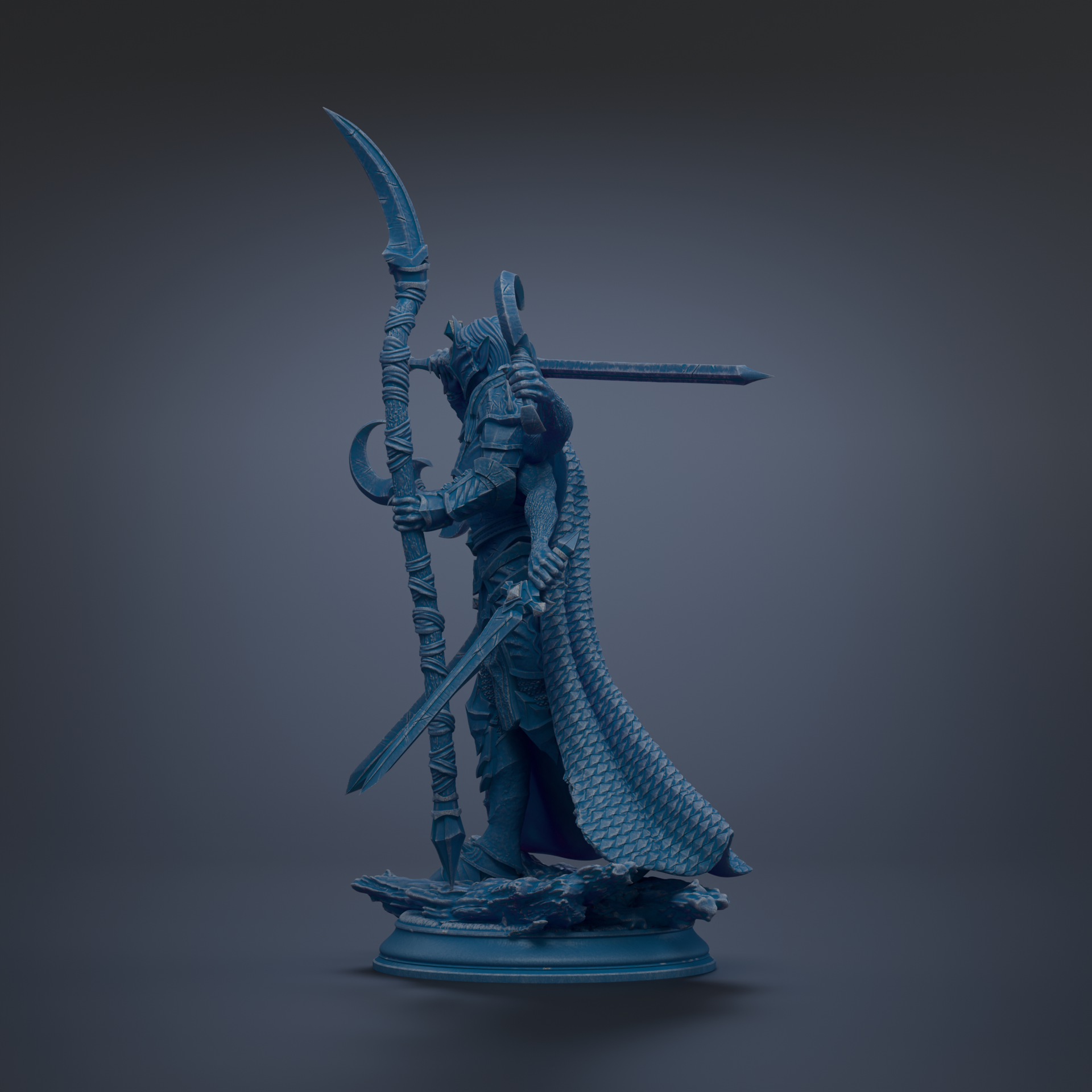 A blue statue of a warrior figure holding a spear and sword, standing on a base.