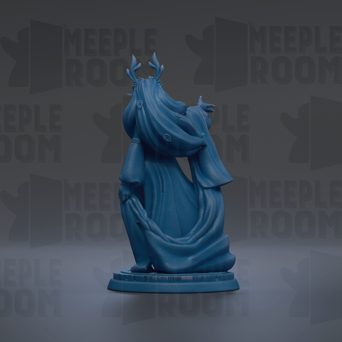 A blue figurine of a person with horns and a flowing robe is displayed against a dark background with repeated text.
