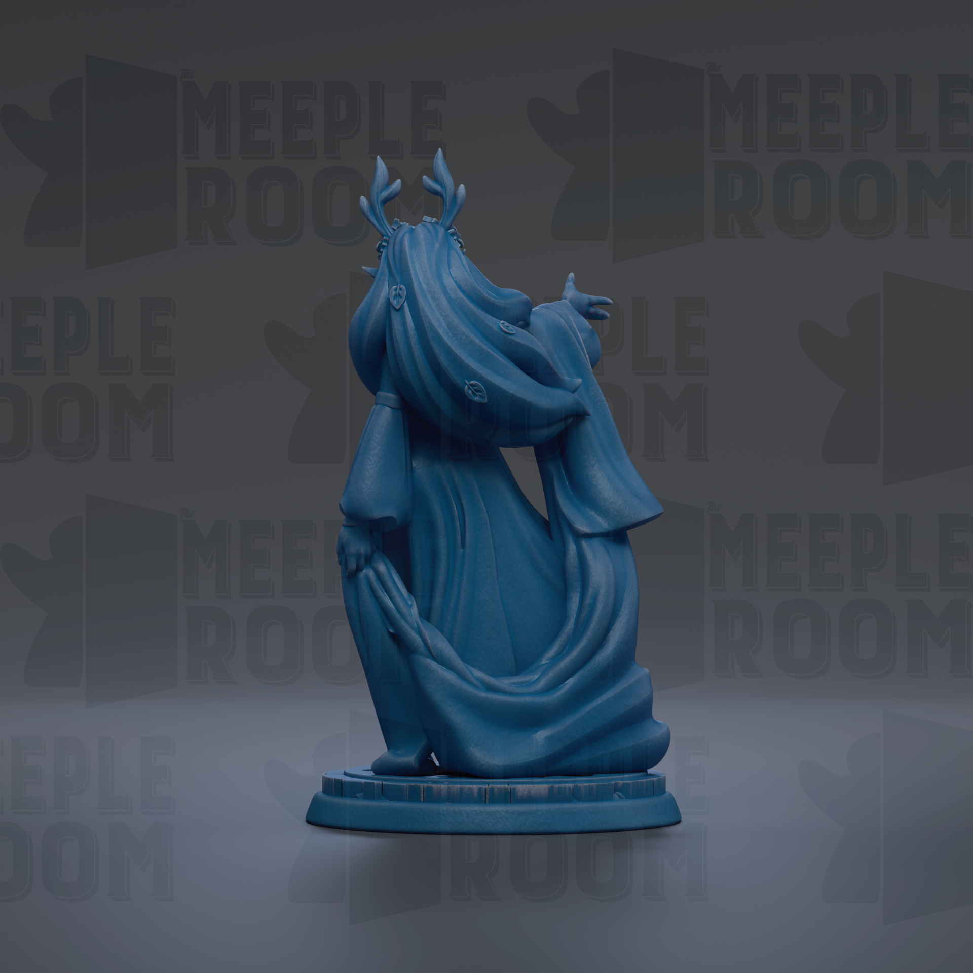 A blue figurine of a person with horns and a flowing robe is displayed against a dark background with repeated text.