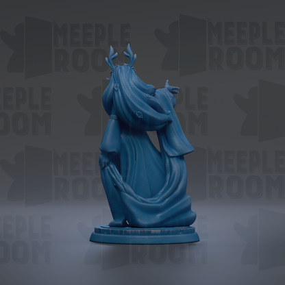 A blue figurine of a person with horns and a flowing robe is displayed against a dark background with repeated text.
