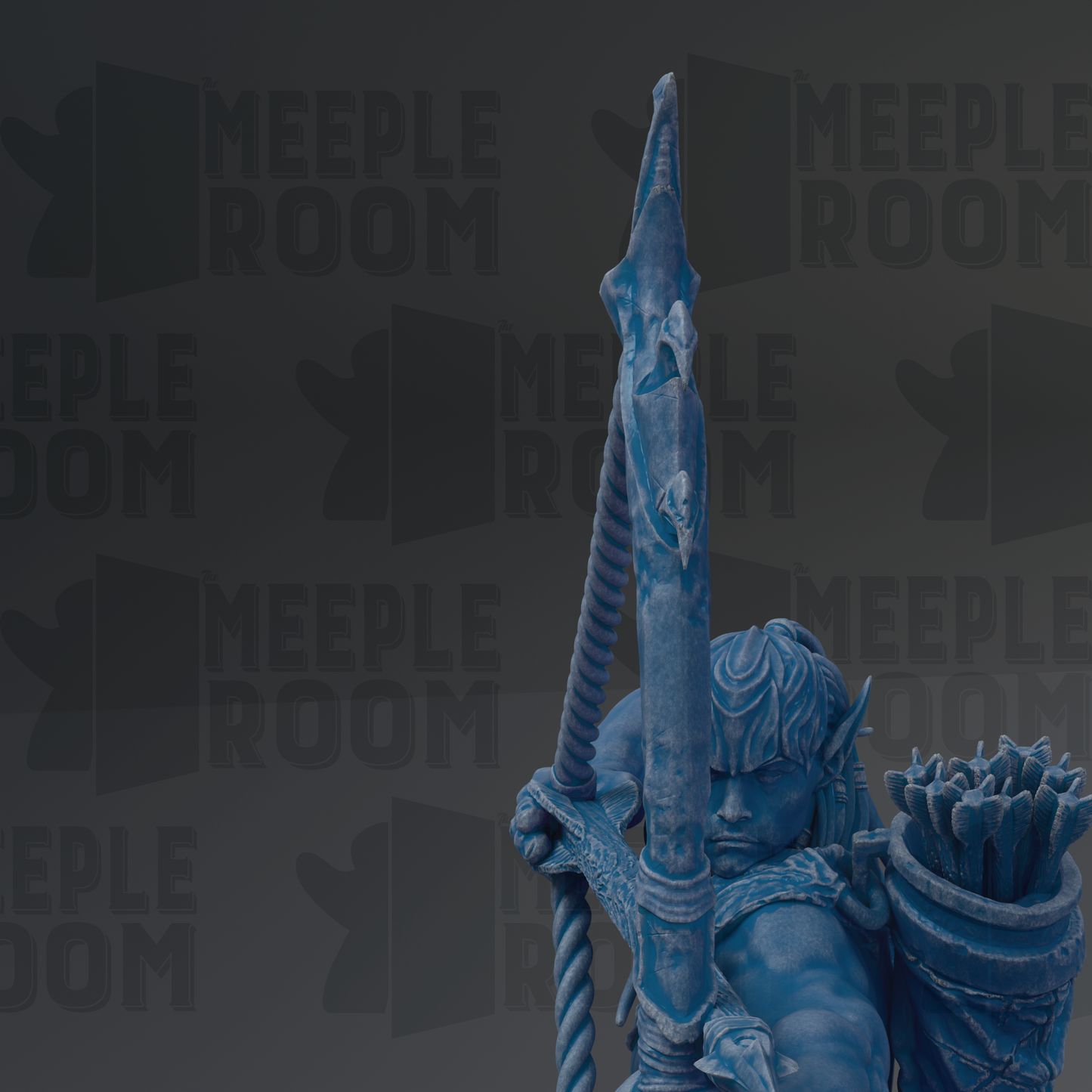 A blue statue of a warrior figure holding a spear and shield, with the text "MEUPLE ROOM" repeated in the background.