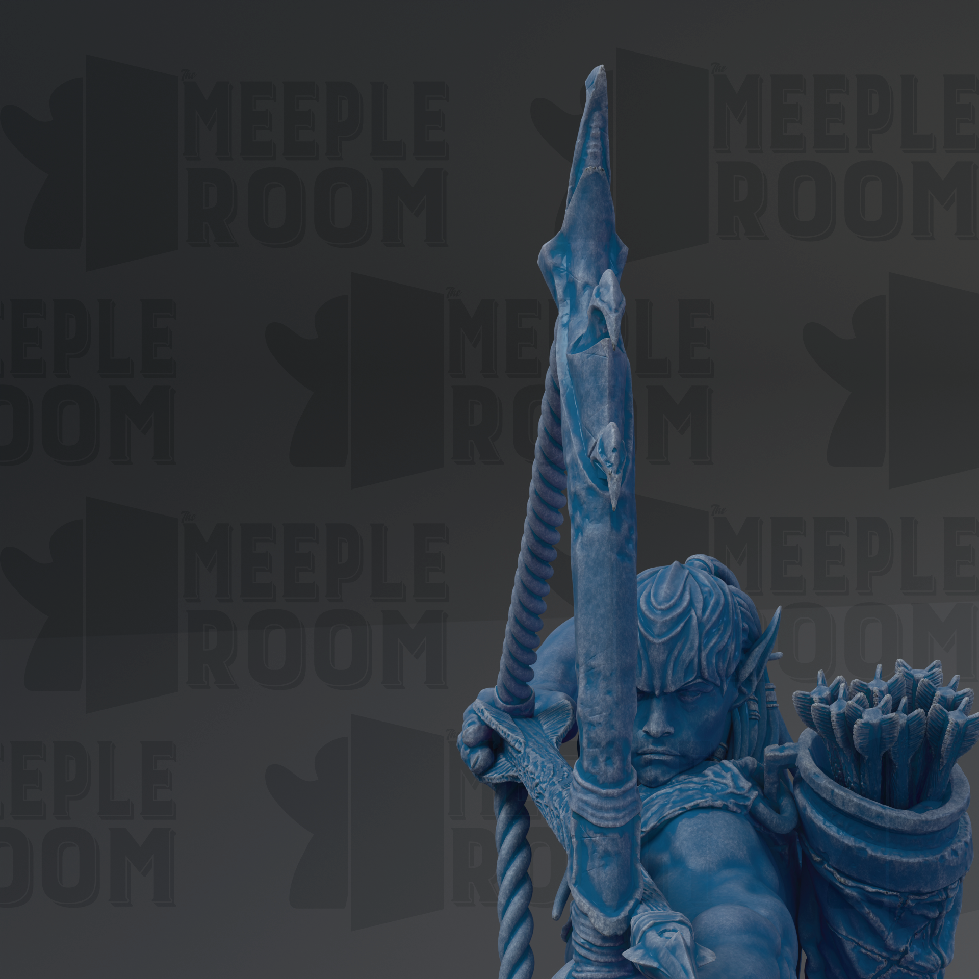 A blue statue of a warrior figure holding a spear and shield, with the text "MEUPLE ROOM" repeated in the background.