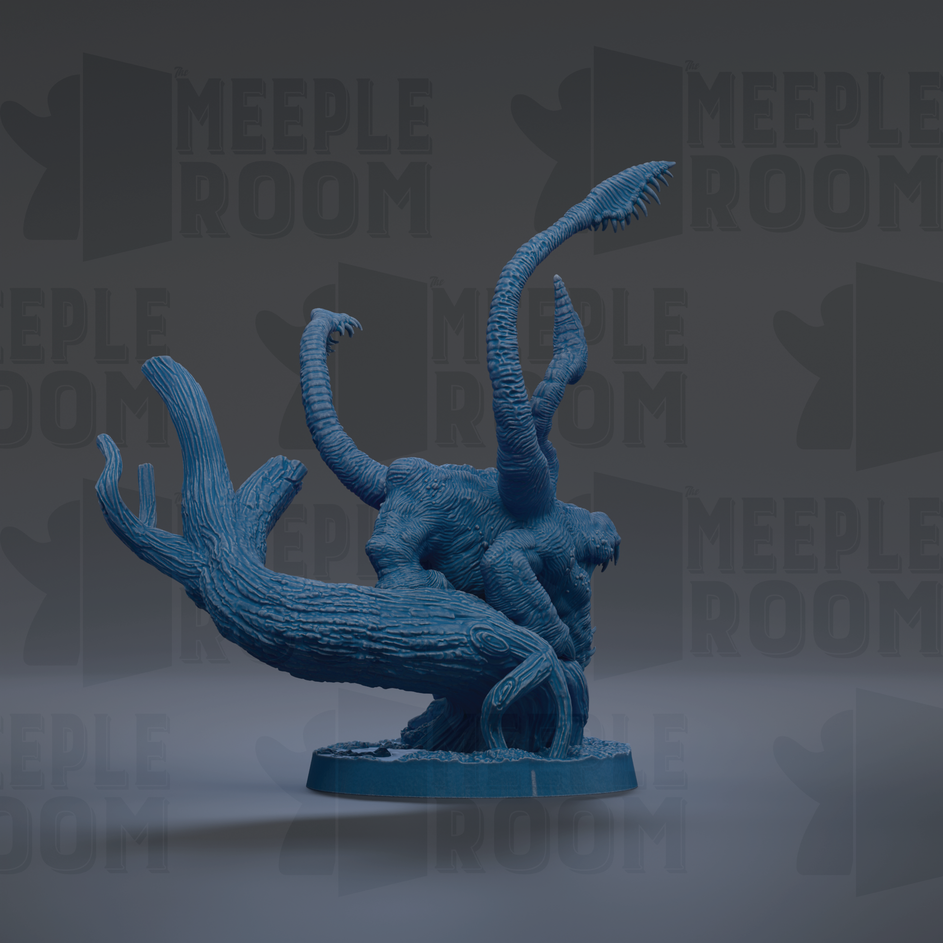 A blue, 3D-rendered figurine of a fantastical creature with multiple arms and legs, standing on a base.