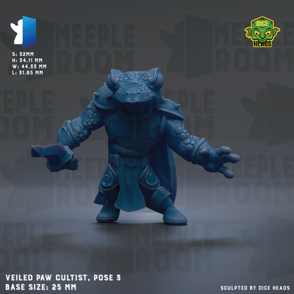 The image is a 3D model of a blue creature, possibly a mythical or fantastical being, with a detailed and intricate design. The creature is posed in a dynamic stance, with its arms outstretched and legs bent at the knees. The background is a dark gray color, which contrasts with the blue of the creature and makes it stand out. The image is described as a "VEILED PAW CULTIST" and is a "POSE 3" size, with a base size of 25mm. It is also described as being "Sculpted by Dice Heads".