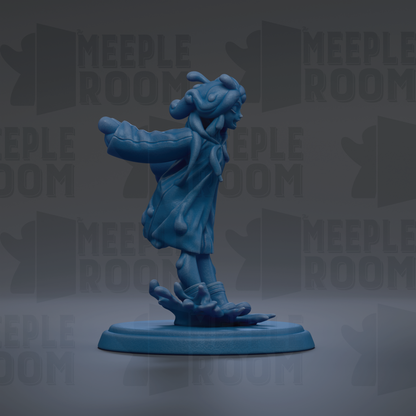 A blue figurine of a person with a flowing dress stands on a blue base against a dark background with repeated text.