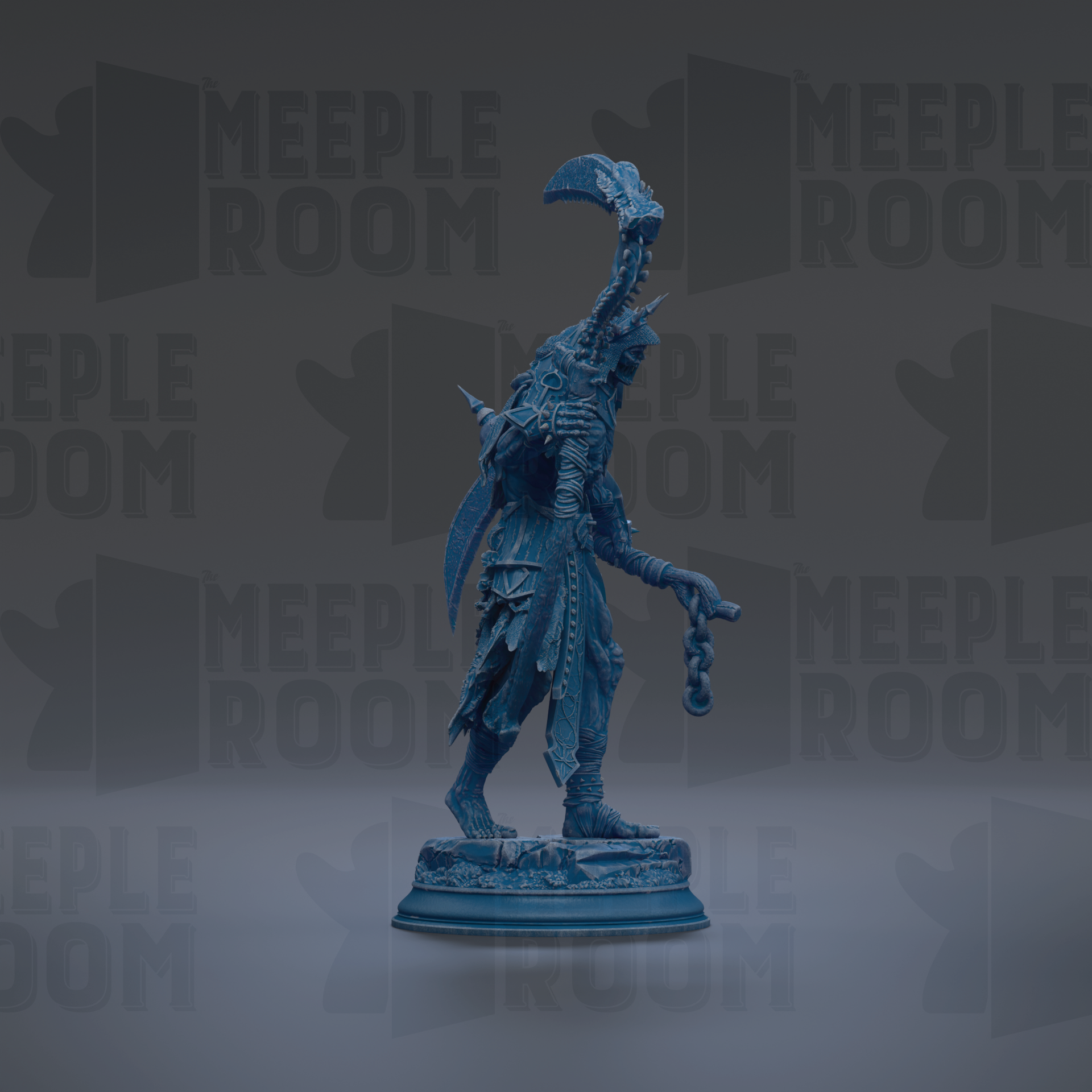 A blue statue of a figure with a sword and shield stands on a pedestal against a dark background with repeated text.