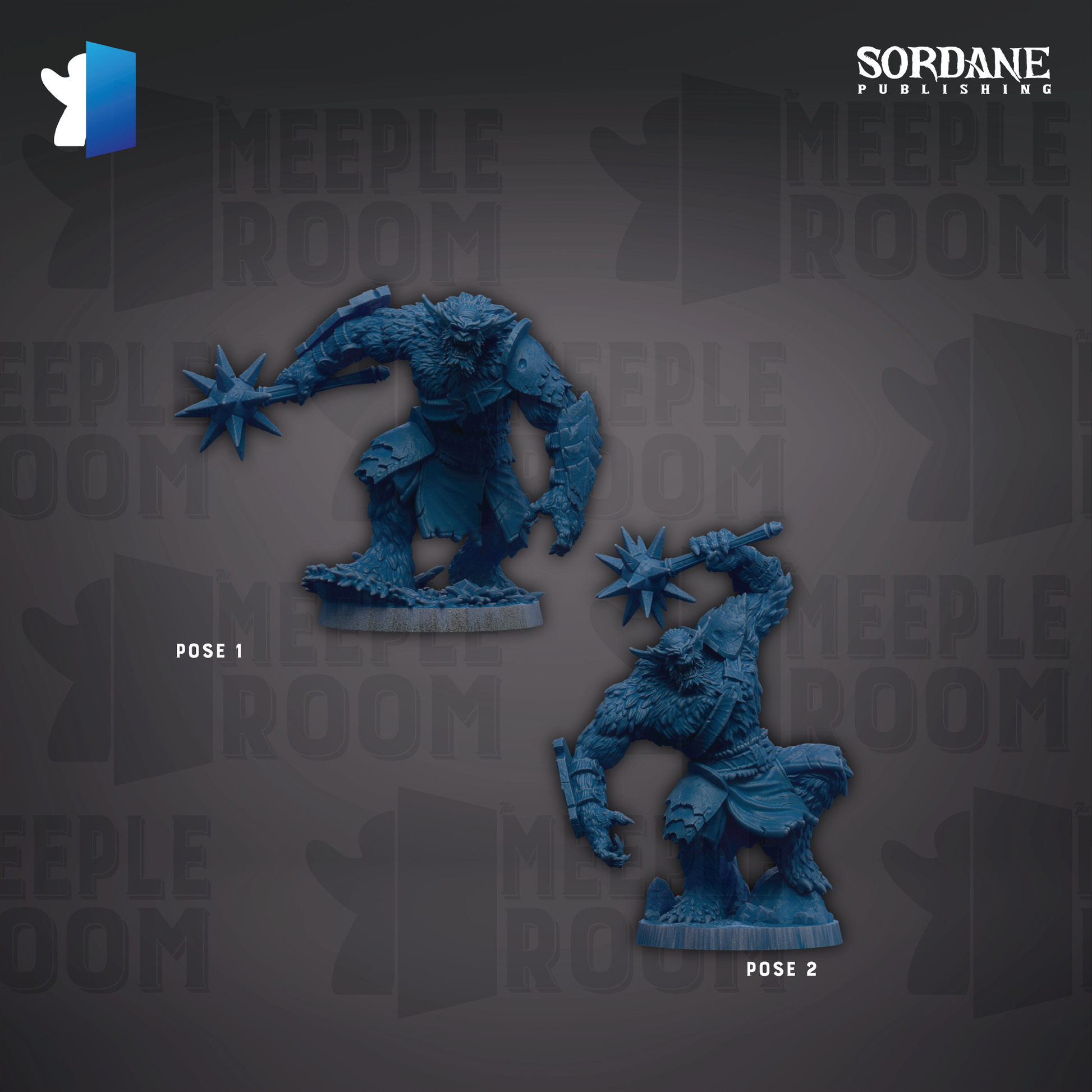 two blue figurines, one standing and one kneeling, against a dark background with repeated text.