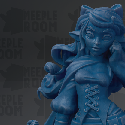 A close-up of a blue, 3D-rendered female character with flowing hair and a corset-style outfit.