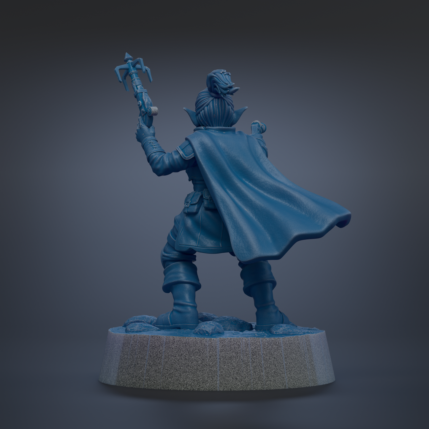 A blue statue of a person holding a weapon and wearing a cape, standing on a pedestal.