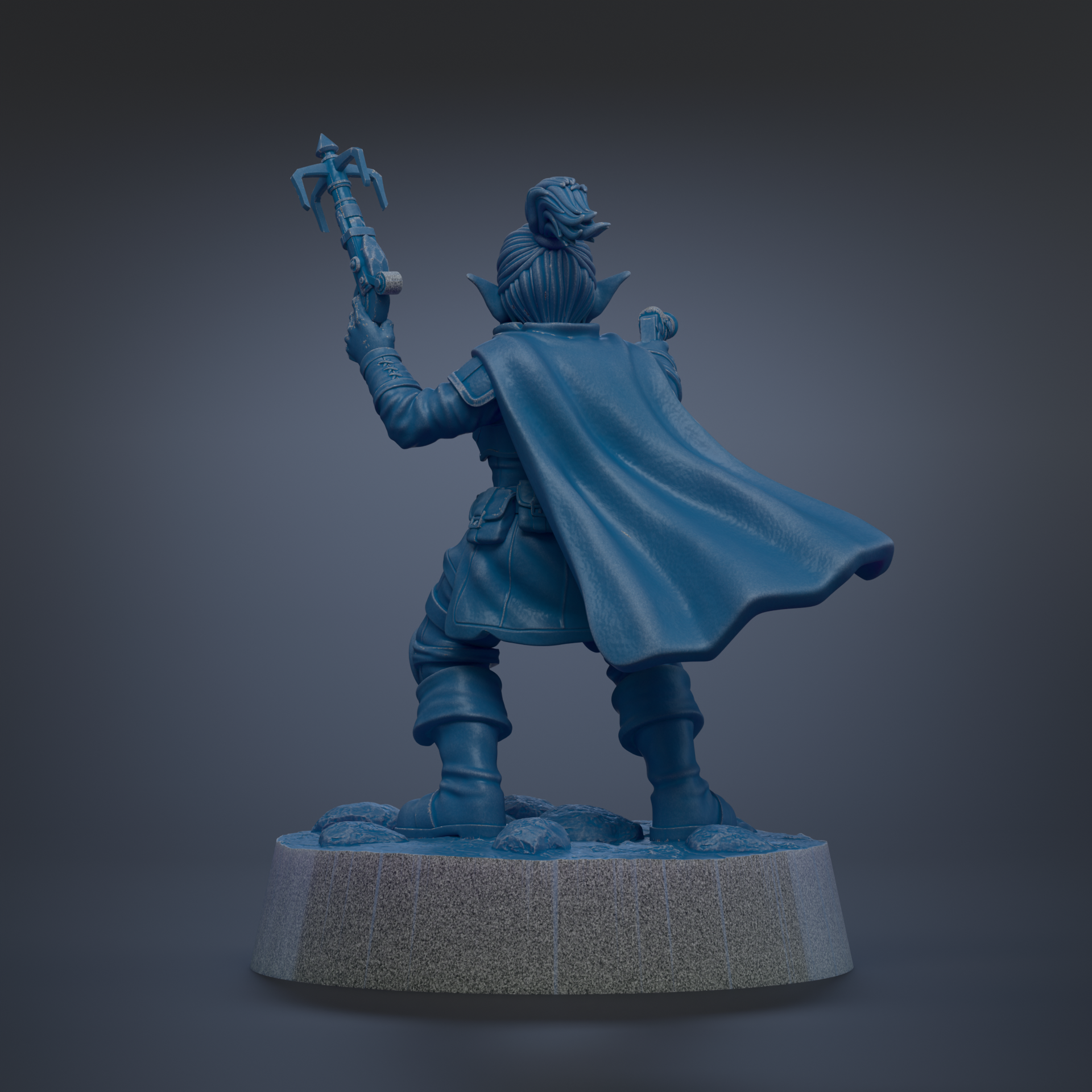 A blue statue of a person holding a weapon and wearing a cape, standing on a pedestal.