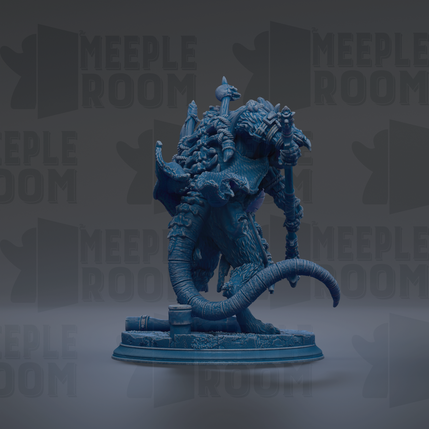 A 3D rendering of a blue, fantastical creature with a large head, long tail, and various weapons, standing on a platform.