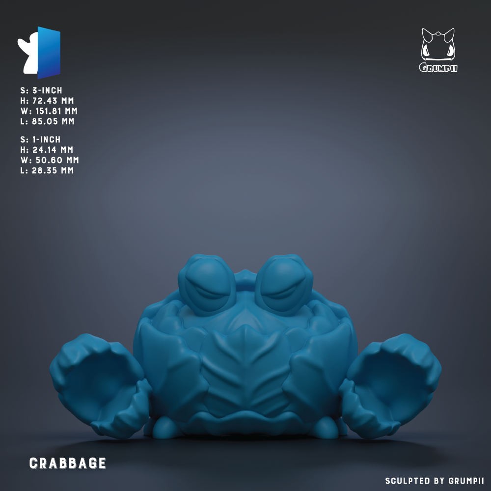 A 3D rendering of a blue crab sculpture with a textured shell and two claws.