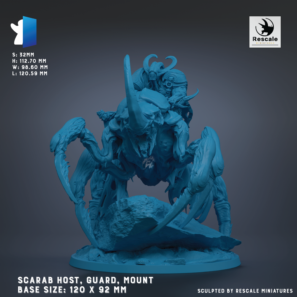 The image is a detailed sculpture of a large, imposing creature with multiple arms and legs, standing on a rock formation. The creature appears to be a guardian or host, with a mounted base that is 120 x 92 mm in size. The sculpture is crafted from a material that resembles metal or stone, giving it a sturdy and durable appearance. The image is a 3D rendering of the sculpture, showcasing the intricate details and craftsmanship involved in its creation.