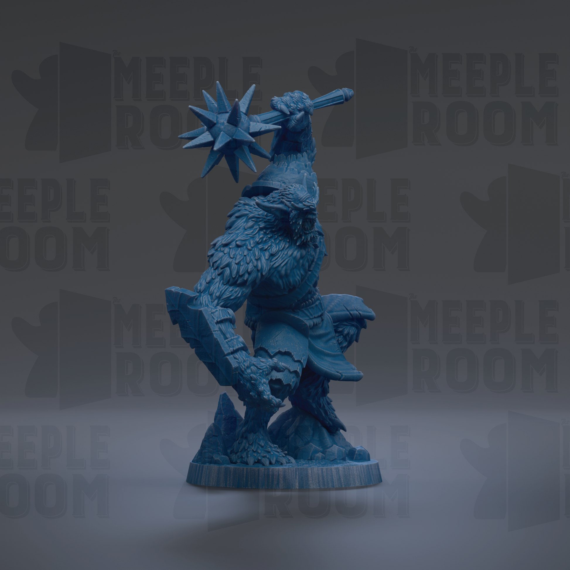 A blue figurine of a fierce-looking creature with sharp teeth and claws, standing on a rock formation and holding a large weapon.