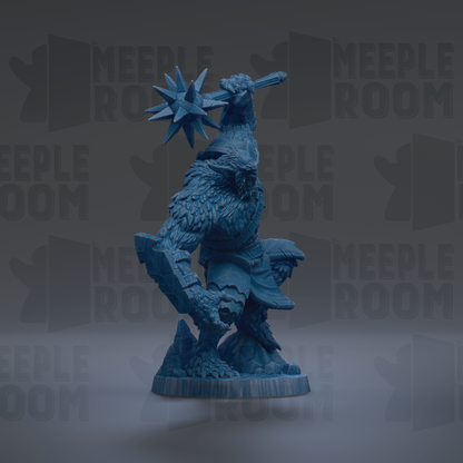 A blue figurine of a fierce-looking creature with sharp teeth and claws, standing on a rock formation and holding a large weapon.