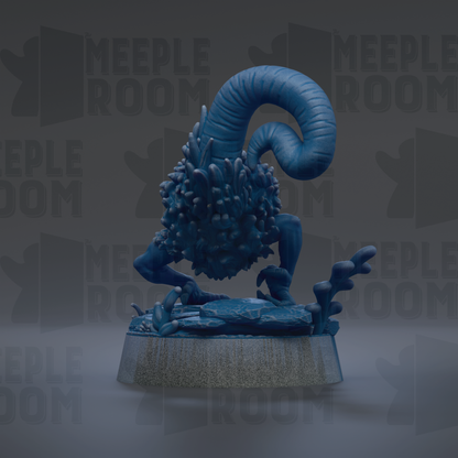 A blue, abstract sculpture with a curled, textured body stands on a gray base against a dark background with repeated "MEUPLE ROOM" text.