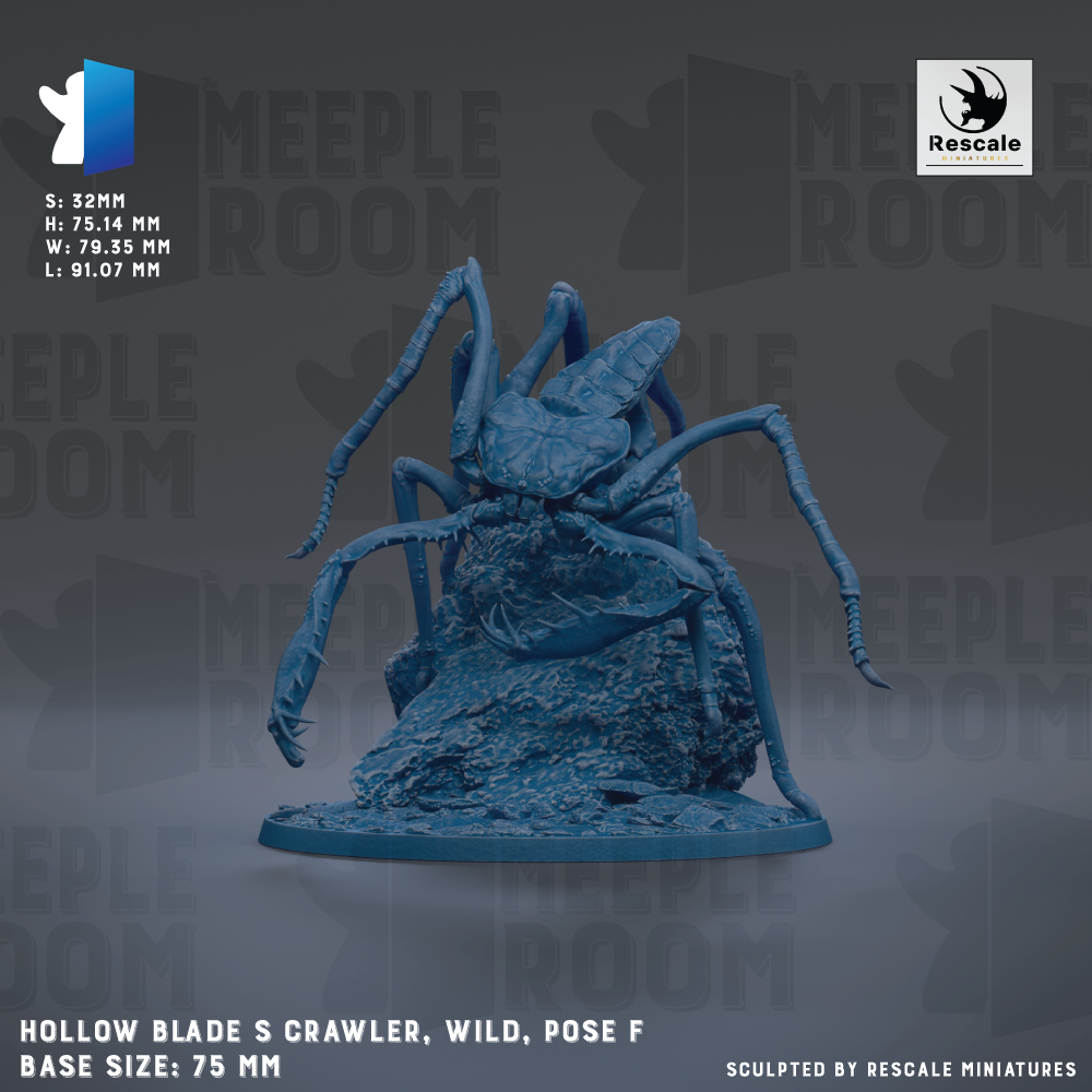 The image is a 3D rendering of a large blue crawler-like creature with multiple legs, positioned on a base. The creature appears to be a wild, wild-looking spider-like creature, possibly a type of beetle or insect. The image is described as a "Hole Blade S Crawler" and is shown in a 3D model, which suggests it is a digital illustration or 3D model of the creature. The base size of the creature is 75 millimeters.