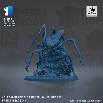 The image is a 3D rendering of a large blue crawler-like creature with multiple legs, positioned on a base. The creature appears to be a wild, wild-looking spider-like creature, possibly a type of beetle or insect. The image is described as a "Hole Blade S Crawler" and is shown in a 3D model, which suggests it is a digital illustration or 3D model of the creature. The base size of the creature is 75 millimeters.