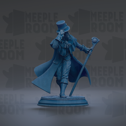 A blue statue of a person wearing a top hat and holding a cane, standing on a pedestal.