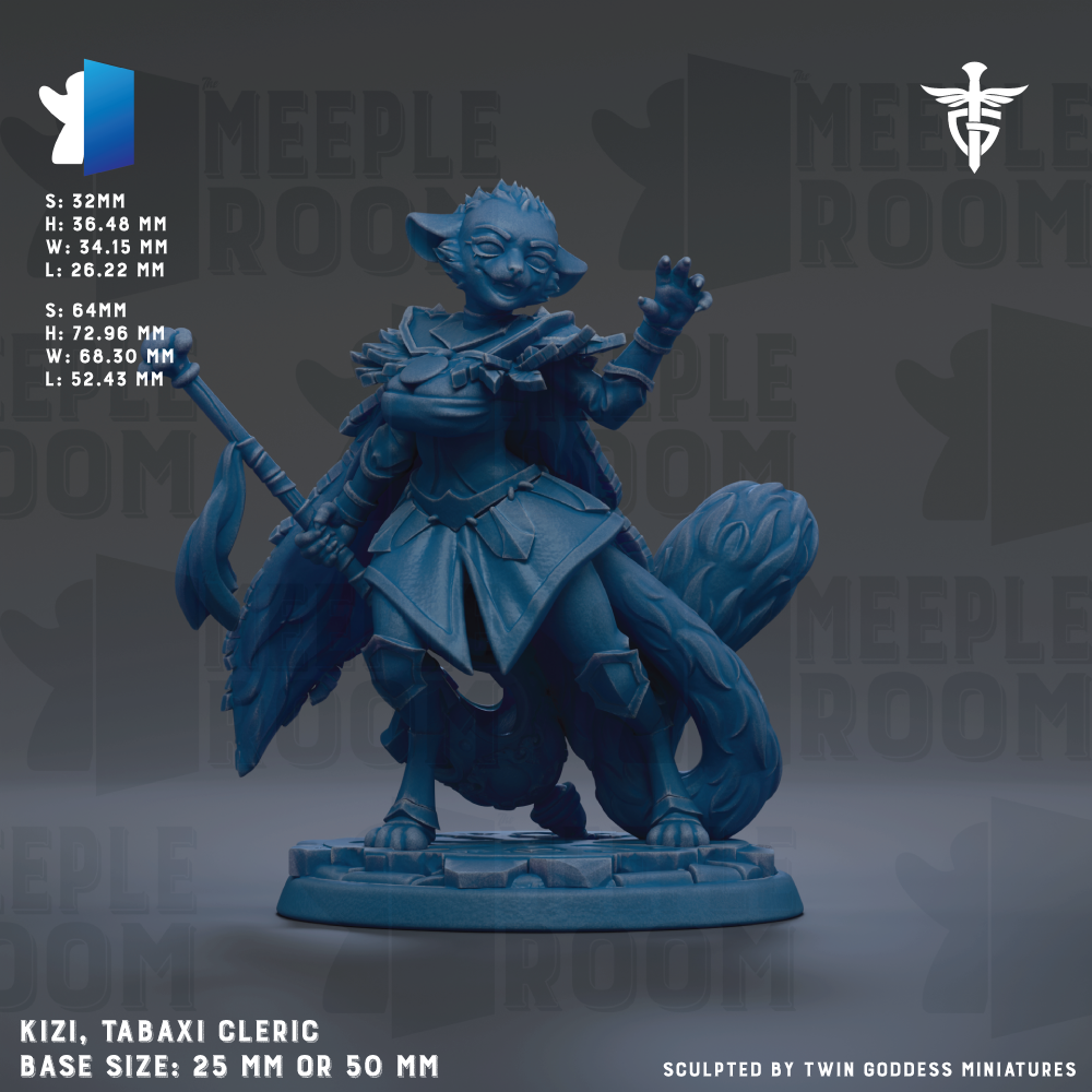 a detailed figurine of a character, likely a wizard or magical being, with intricate details and a blue color scheme. The figurine is described as a "KIZIZ, TABARI CLERIC" and is shown in various sizes, ranging from 25mm to 50mm. The base size of the figurine is either 25mm or 50mm. The figurine is sculpted by "TWIN GODESS MINUTES", indicating that it is a product of their collection.