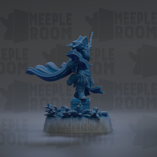 A blue figurine of a person with a cape and a sword stands on a base, surrounded by various objects.