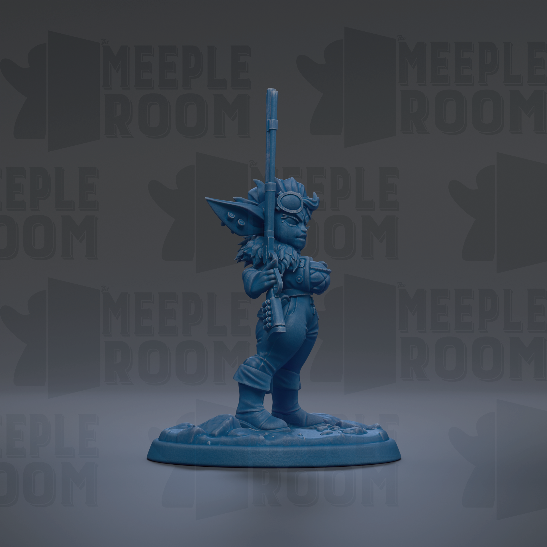 A blue figurine of a character with a gun stands on a base against a dark background with repeated text.