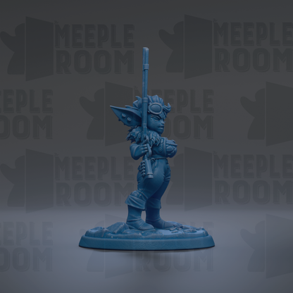 A blue figurine of a character with a gun stands on a base against a dark background with repeated text.
