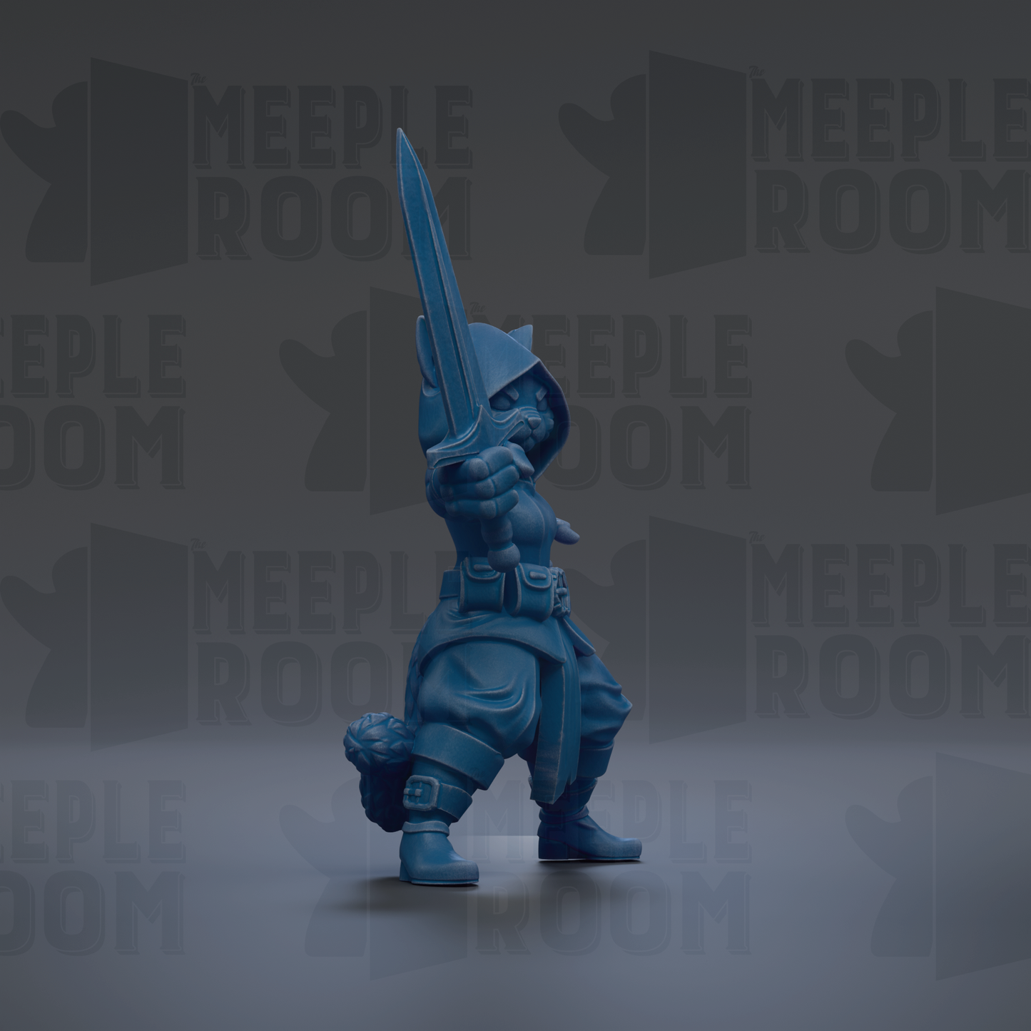 A blue figurine of a warrior-like character holding a sword and standing in a fighting stance.