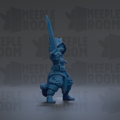 A blue figurine of a warrior-like character holding a sword and standing in a fighting stance.