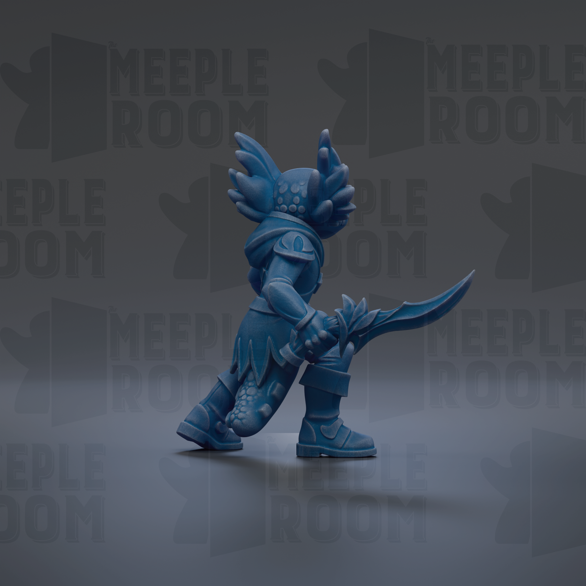 A blue figurine holding a sword stands against a dark background with repeated text.