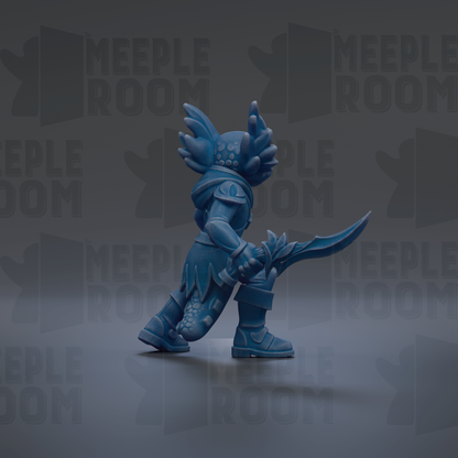 A blue figurine holding a sword stands against a dark background with repeated text.