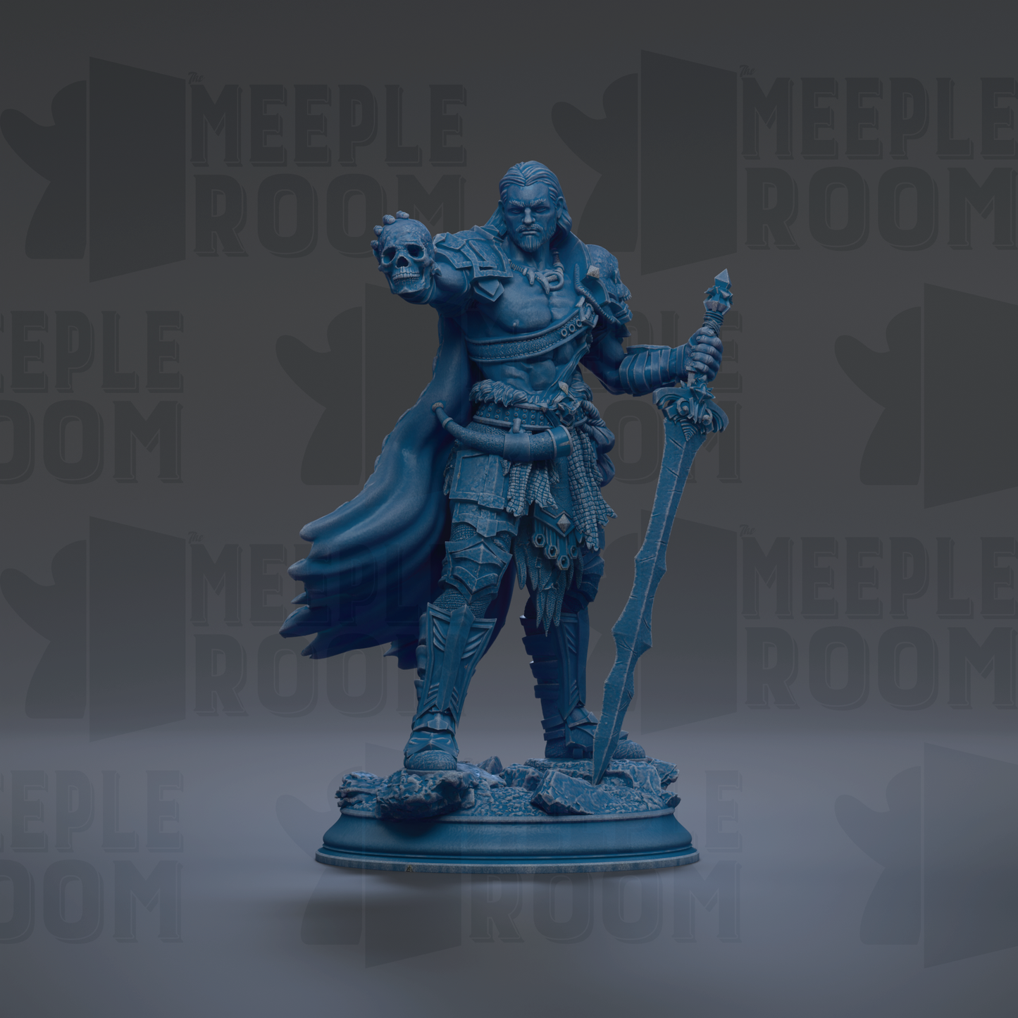 A blue figurine of a warrior figure holding a sword and a skull, standing on a base.