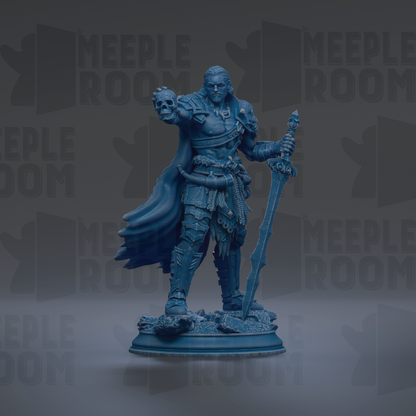 A blue figurine of a warrior figure holding a sword and a skull, standing on a base.