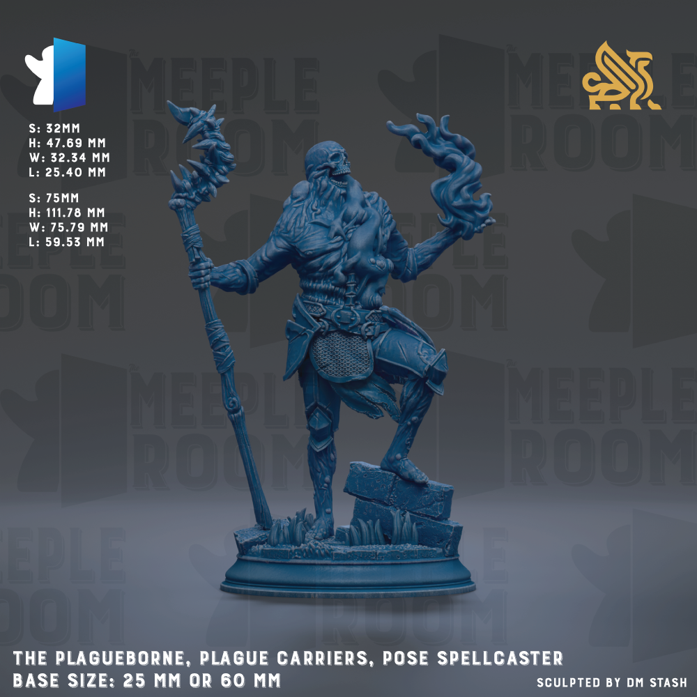 a blue figurine of a Plague Carrier, a pose spellcaster, with a sword and a staff, standing on a base. The base size is either 25mm or 60mm. The image is a sculpture of the Plague Carrier, and it is a pose spellcaster.