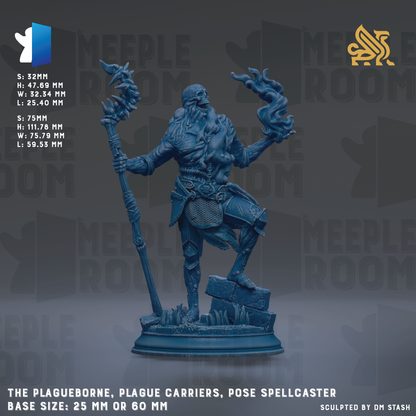 a blue figurine of a Plague Carrier, a pose spellcaster, with a sword and a staff, standing on a base. The base size is either 25mm or 60mm. The image is a sculpture of the Plague Carrier, and it is a pose spellcaster.