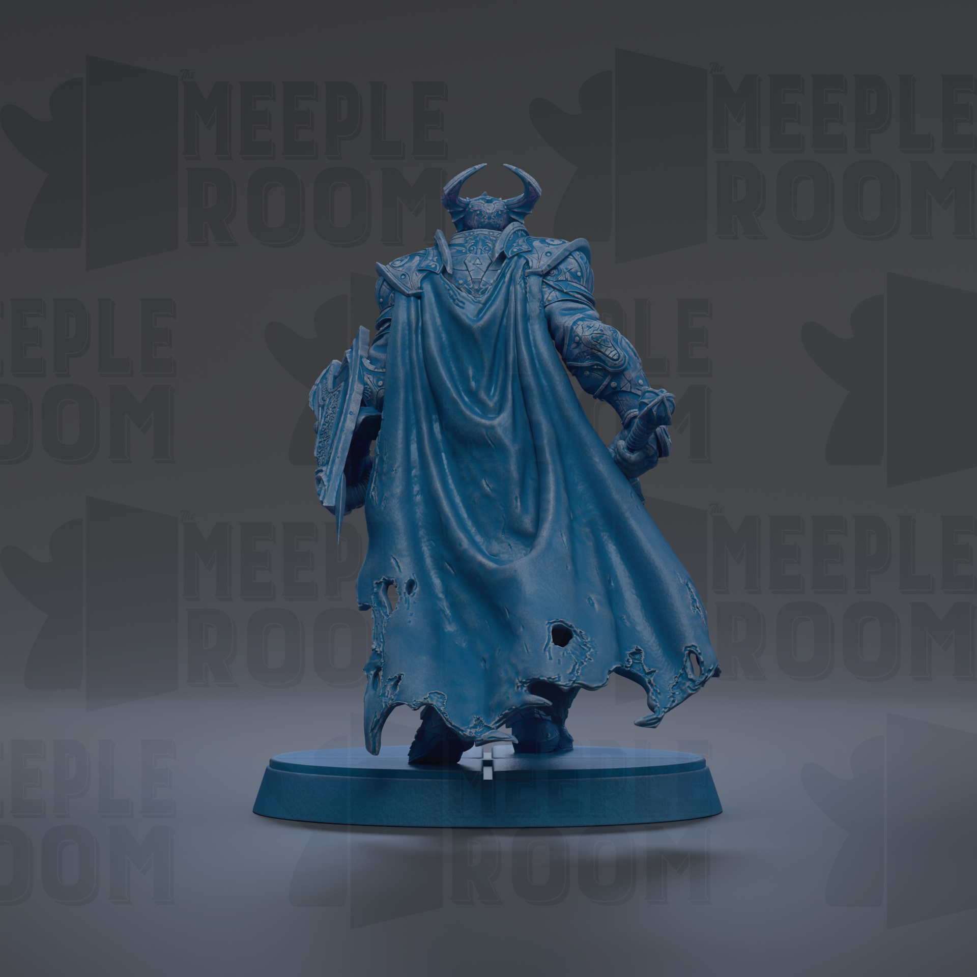 A blue, weathered statue of a warrior figure with a cape and armor, standing on a pedestal against a dark background with repeated text.